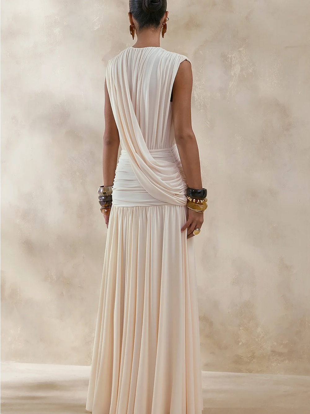 Club L London Cream Draped Plunge Maxi Dress Ruched Goddess Gown Size 6, 10 - Picture 3 of 4